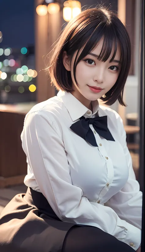 (8k, RAW photo, best quality, masterpiece:1.2), (realistic, photo-realistic:1.37), ultra-detailed,
1 girl,cute, solo,beautiful detailed sky,detailed cafe,night,sitting,dating,(nose blush),(smile:1.1),(closed mouth),large breasts, seductive smile, large apa...