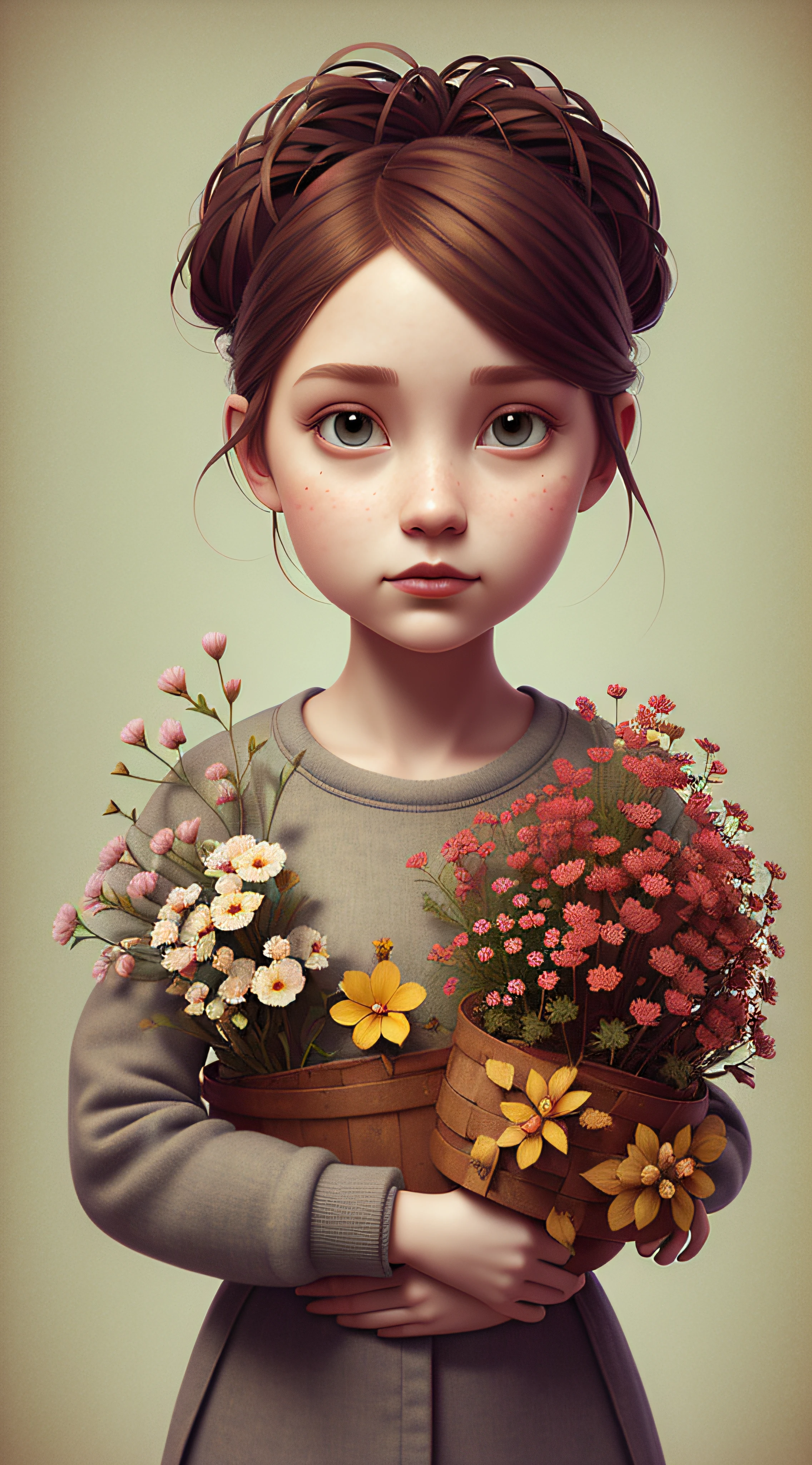 (pixarstyle:1.25) a waist-length portrait of a  with a basket of flowers, overgrown with poppy flower, natural skin texture, 4k textures, hdr, intricate, highly detailed, sharp focus, cinematic look, hyperdetailed