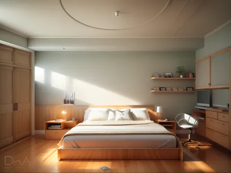 there is a bed with a gray blanket and a desk with a lamp, bed room, vray render, with vray, 3 d vray render, vray rendered, ren...