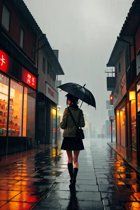 masterpiece,best quality,1girl, city,landscape,rain,umbrella,from behind