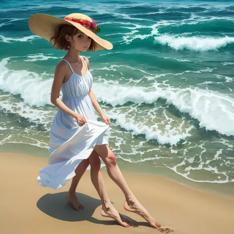 the sea，girl in white dress on the beach，yellow straw hat，barefoot