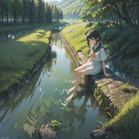 ​masterpiece、top image quality、1 girl in、beautiful countryside、a small irrigation canal flowing beside a field、sitting on the ba...