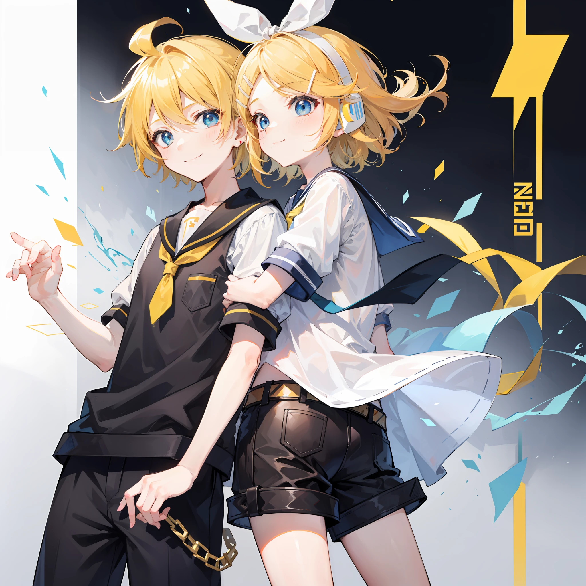 best quality, ultra precision, only two person, one boy and one girl, (a boy is Kagamine_Len), (a girl is Kagamine_Rin), blue eyes, cute, short hair, head phone, blond hair, sailor uniform, black short pants, belt, yellow necktie, white shirt, smile, elementary school student, twins, love each other, siblings, children, (boy is as tall as girl), kids, characters focus, couple, love each other, white background, look at each other, platonic love, cool boy, cute girl, hold hands, cowboy shot