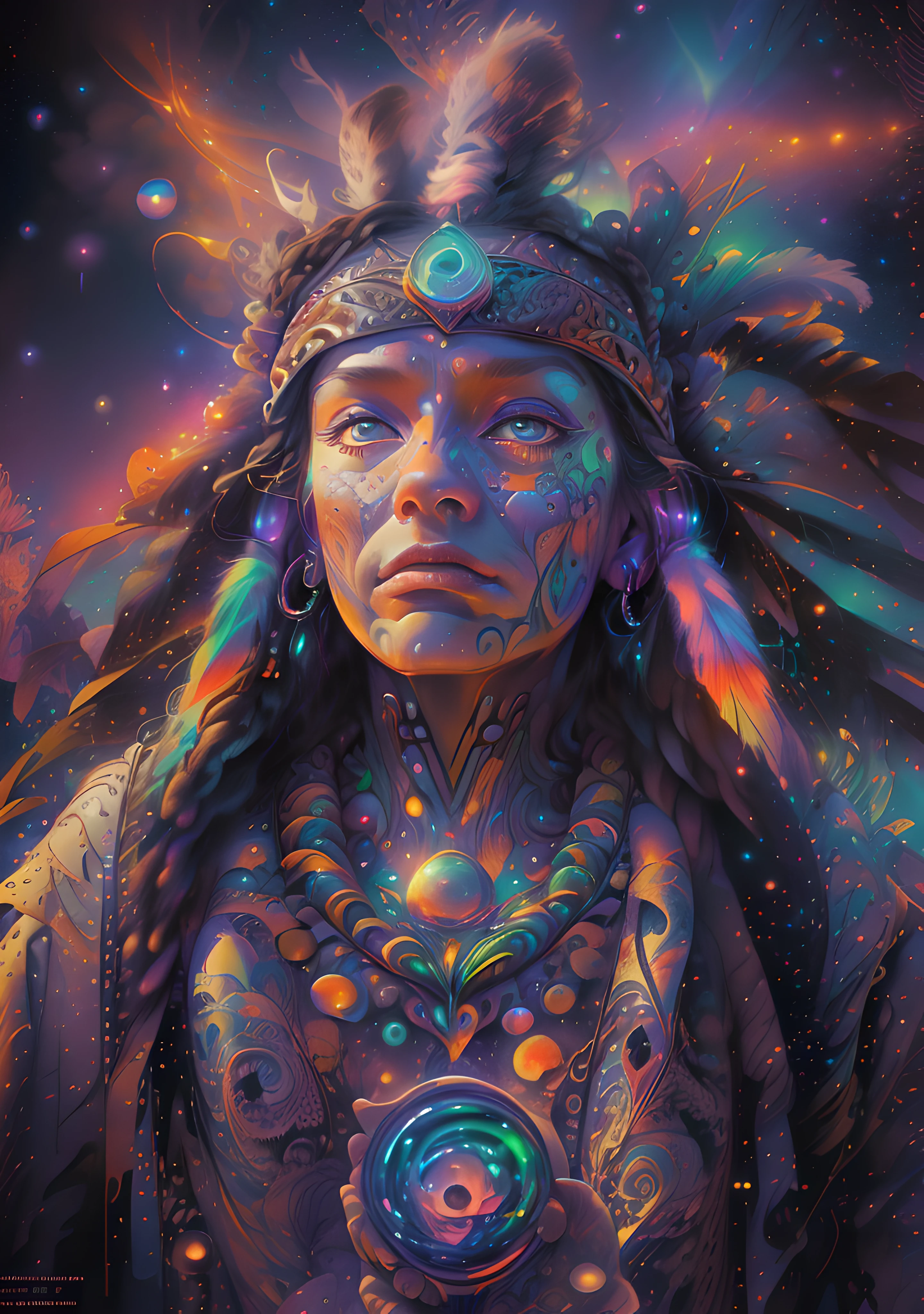 (High resolution, incredibly detailed, masterpiece), portrait of a native american shaman with galaxy in one hand, whole body posture,starry sky,wilderness,featuring fractal geometry in (vibrant colors:0.8), set against a (galactic background:1.2), bringing together complex, mesmerizing shapes and patterns.dmt ., soft cinematic light, adobe lightroom, photolab, hdr, intricate, highly detailed, (depth of field:1.4), faded, (neutral colors:1.2), (hdr:1.4), (muted colors:1.2), hyperdetailed, (artstation:1.4), cinematic, warm lights, dramatic light, (intricate details:1.1), complex background, (rutkowski:0.66), (teal and orange:0.4)