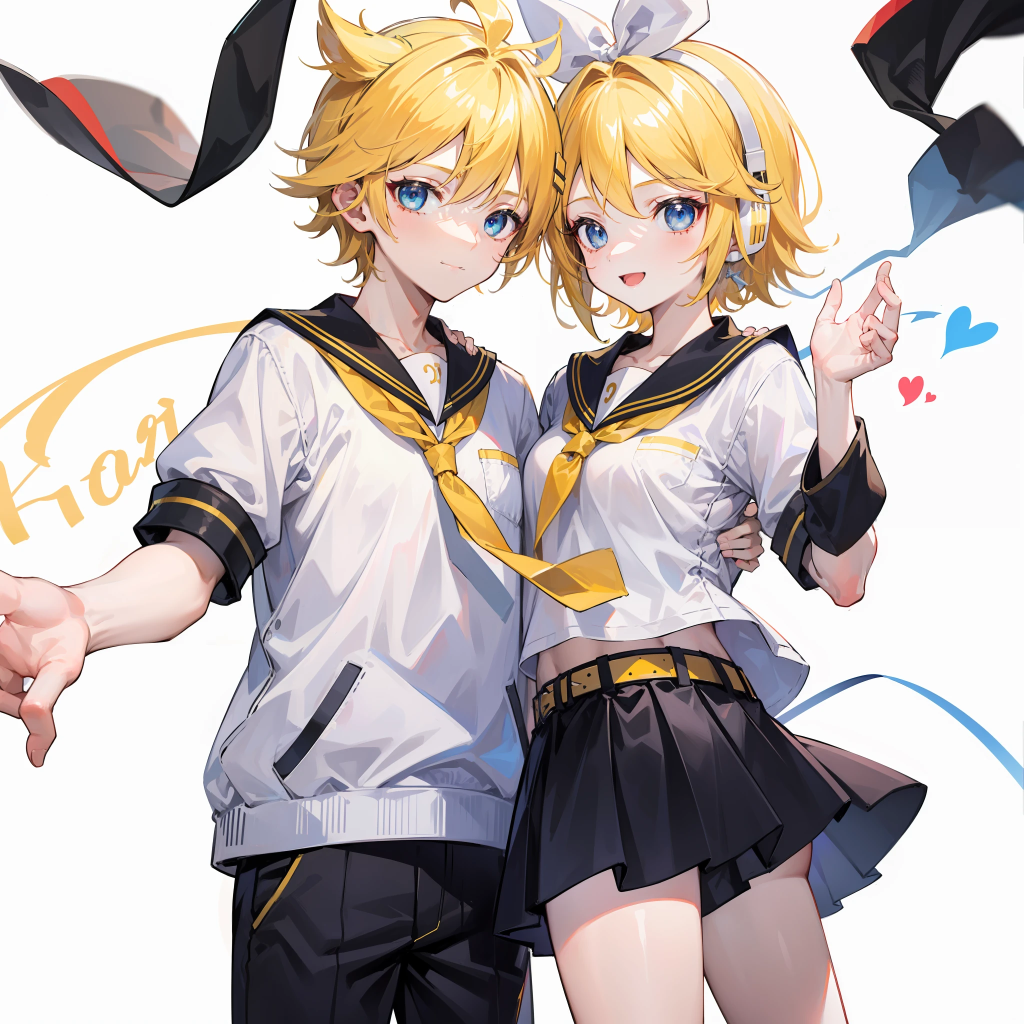 best quality, ultra precision, only two person, one boy and one girl, (a boy is Kagamine_Len), (a girl is Kagamine_Rin), blue eyes, cute, short hair, head phone, blond hair, sailor uniform, black short pants, belt, yellow necktie, white shirt, smile, elementary school student, twins, love each other, siblings, children, (boy is as tall as girl), kids, characters focus, couple, love each other, white background, platonic love, cool boy, cute girl, cowboy shot