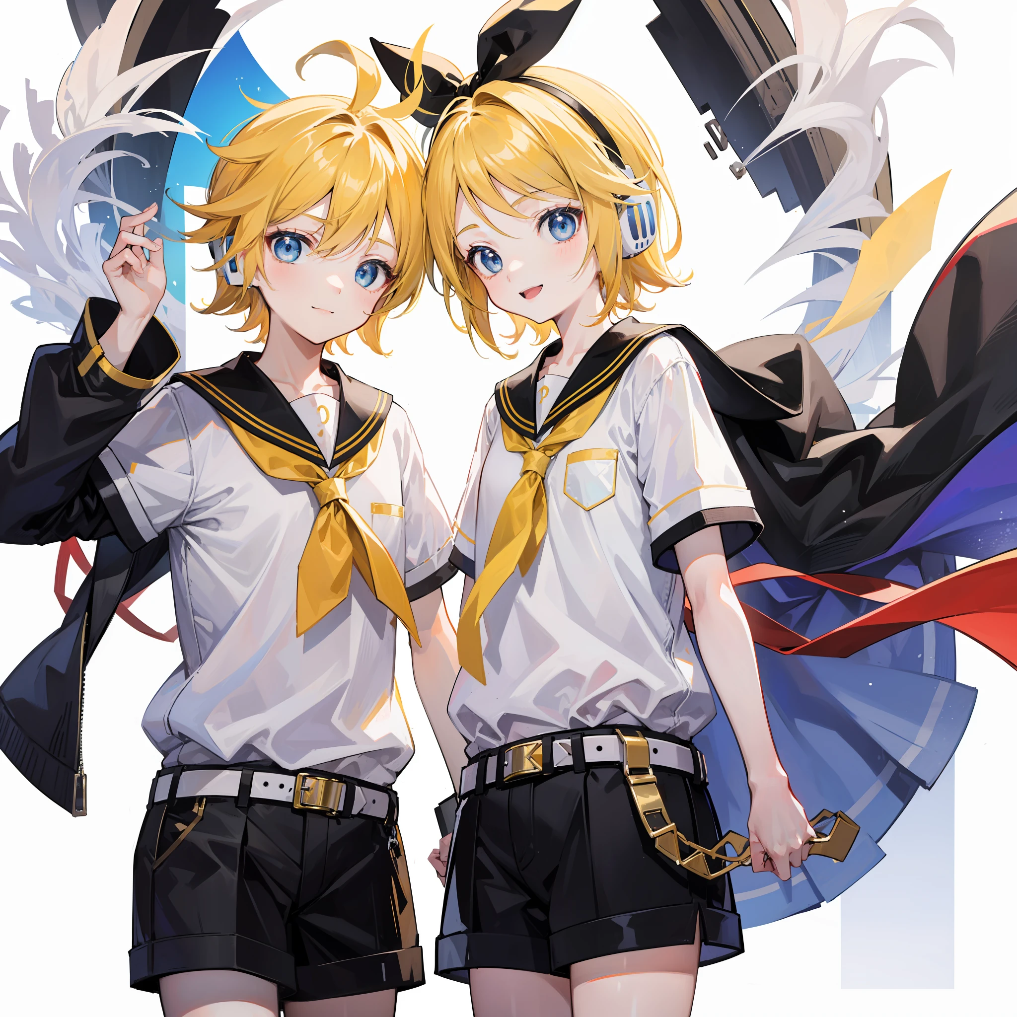 best quality, ultra precision, only two person, one boy and one girl, (a boy is Kagamine_Len), (a girl is Kagamine_Rin), blue eyes, cute, short hair, head phone, blond hair, sailor uniform, black short pants, belt, yellow necktie, white shirt, smile, elementary school student, twins, love each other, siblings, children, (boy is as tall as girl), kids, characters focus, couple, love each other, white background, platonic love, cute boy, cute girl, cowboy shot, boy is shota