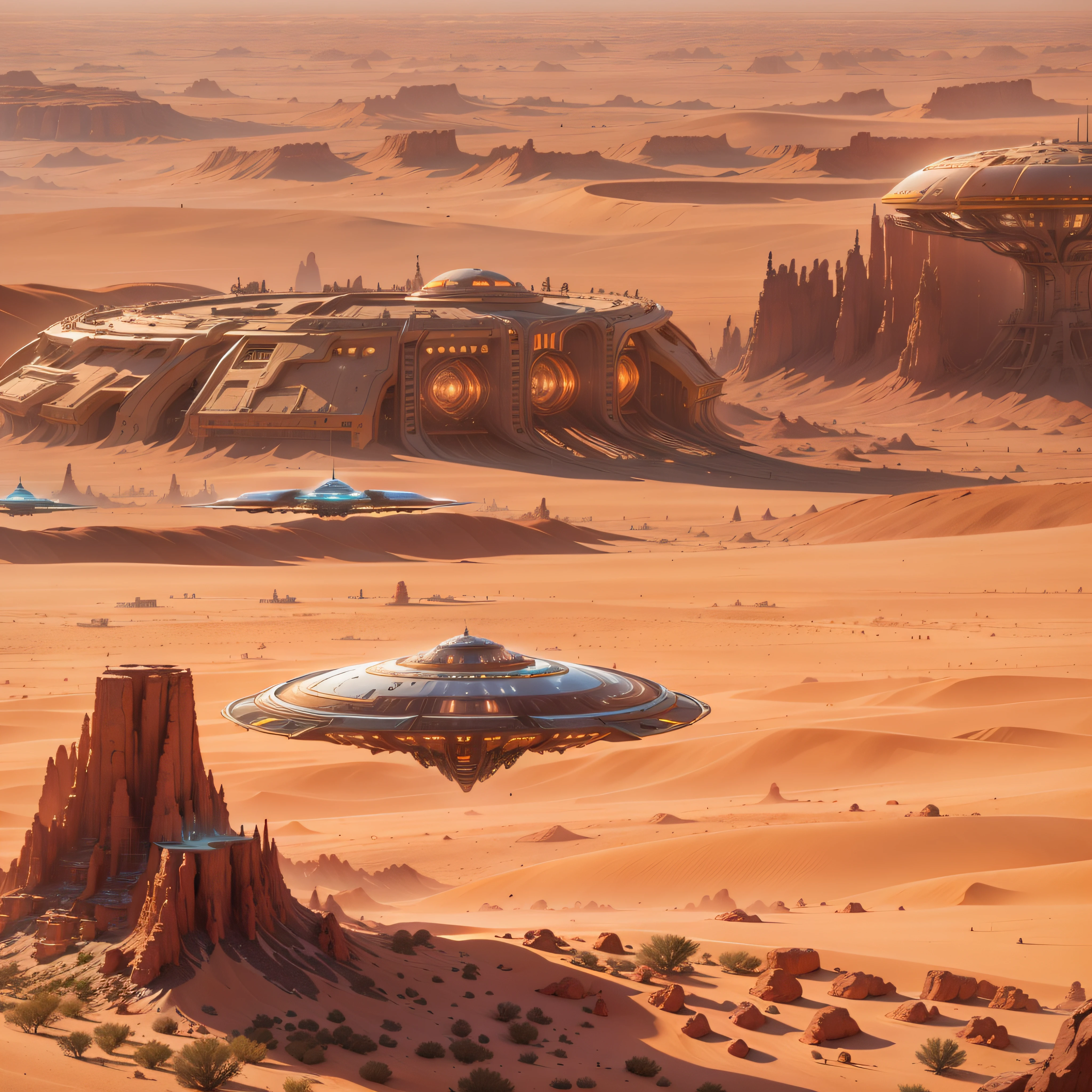 spaceship flying over a desert area with a desert in the foreground, spaceship flies into the distance, utopian space ship, floating vehicles, an intact ancient alien ship, flying scifi vehicle, spaceship from the movie dune, ufo landing, spaceship in background, futuristic starship, science fiction spacecraft, ancient space ship, flying vehicles, alien starship, of a ufo propulsion system, flying saucer