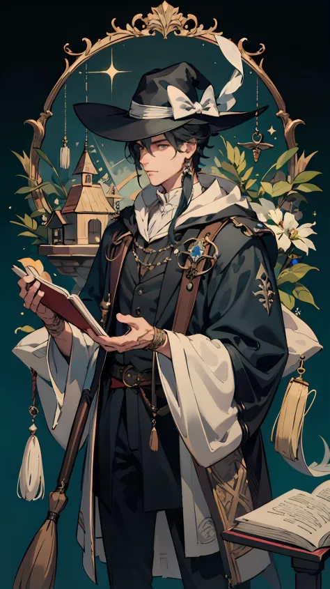 masterpiece, best quality, 1 male, adult, tall muscular, handsome, finely detailed eyes, intricate details, wizard, black hat with a pointed brim, broomstick with a carved handle, spellbook with a variety of spells, potion bottles with various ingredients,...