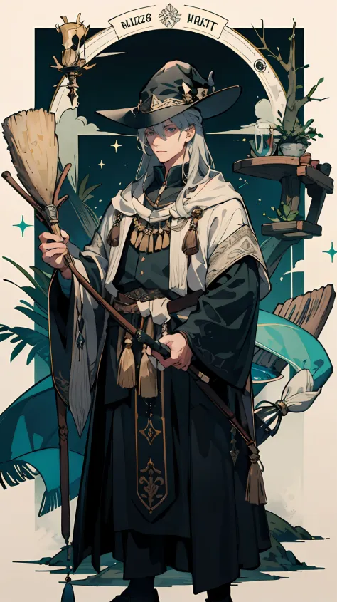 masterpiece, best quality, 1 male, adult, tall muscular, handsome, finely detailed eyes, intricate details, wizard, black hat with a pointed brim, broomstick with a carved handle, spellbook with a variety of spells, potion bottles with various ingredients,...
