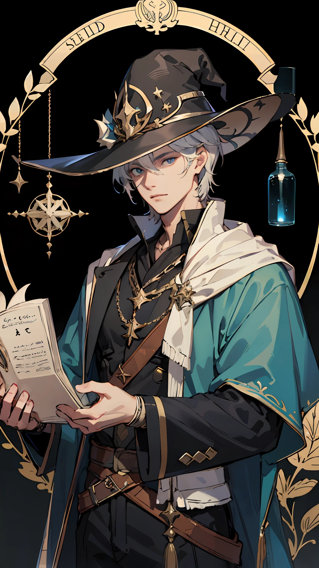 masterpiece, best quality, 1 male, adult, tall muscular, handsome, finely detailed eyes, intricate details, wizard, black hat with a pointed brim, broomstick with a carved handle, spellbook with a variety of spells, potion bottles with various ingredients, enchanted forest with a hidden wizard hut