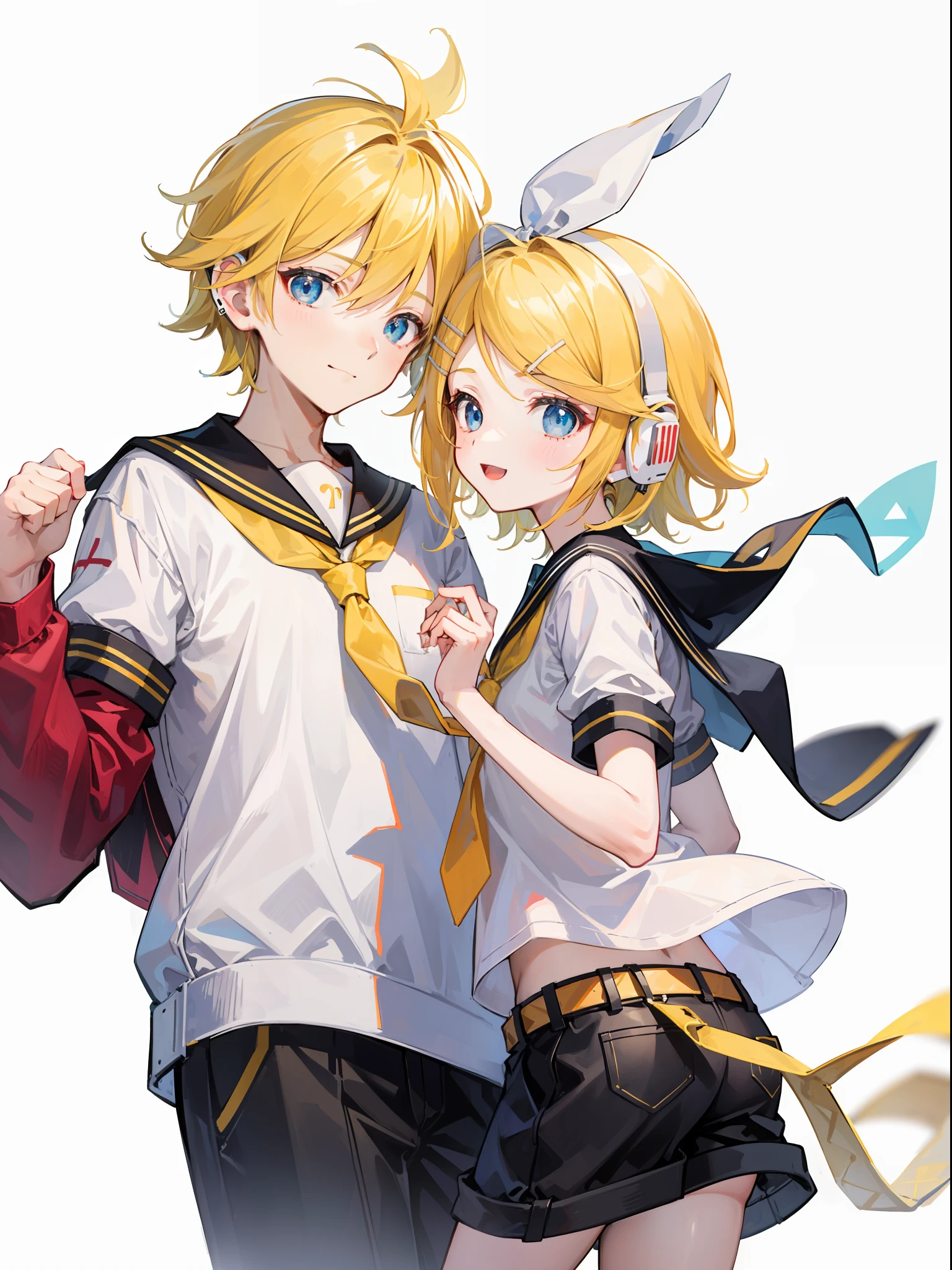 best quality, ultra precision, only two person, one boy and one girl, (a boy is Kagamine_Len), (a girl is Kagamine_Rin), blue eyes, cute, short hair, head phone, blond hair, sailor uniform, black short pants, belt, yellow necktie, smile, elementary school student, twins, love each other, siblings, children, (boy is as tall as girl), kids, characters focus, couple, love each other, white background, look at each other, platonic love, cool boy, cute girl, hold hands, cowboy shot,