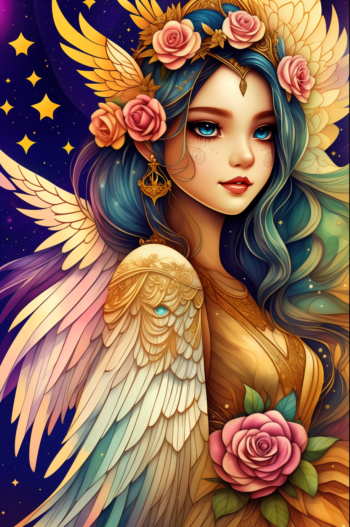Акварель красивая волшебная красивая мистическая богиня, Текущее сердце,  винтажная рамка, с крыльями ангела, улыбка - SeaArt AI