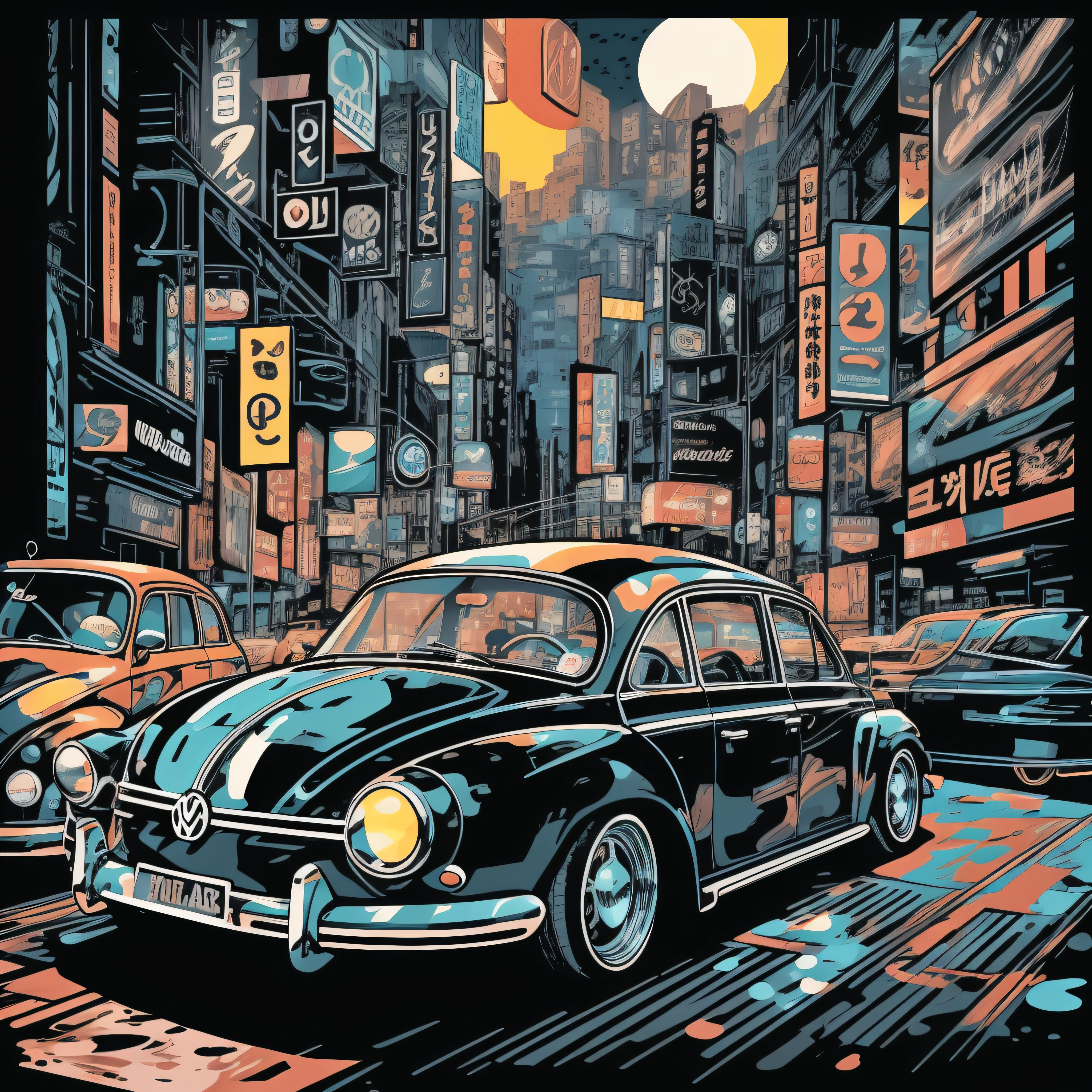 graphic design t-shirt VW car, flat design, comic art, pastel color, colorful pop art, highly detailed clean, vector image, photorealistic masterpiece, professional photography, realistic car, fujiyamatokyo night city, background for the car, flat black background, bright vector((black background)), bold detail, solid color, monochrome