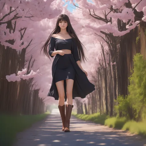 a 20-year-old girl surrounded by cherry trees, flor de cerezo, caliente con sol brillante,
cuerpo completo, 
luz del sol,
desde ...