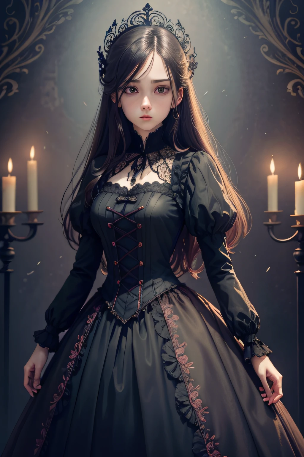 Official Art, Unity 8k wallpaper, super detailed, beautiful, beautiful, masterpiece, best quality, darkness, atmosphere, mystery, romanticism, creepy, literature, art, fashion, victorian, decoration, intricacies, ironwork, lace, contemplation, emotional depth, supernatural, full body, 1 girl, solo, neck, bust composition