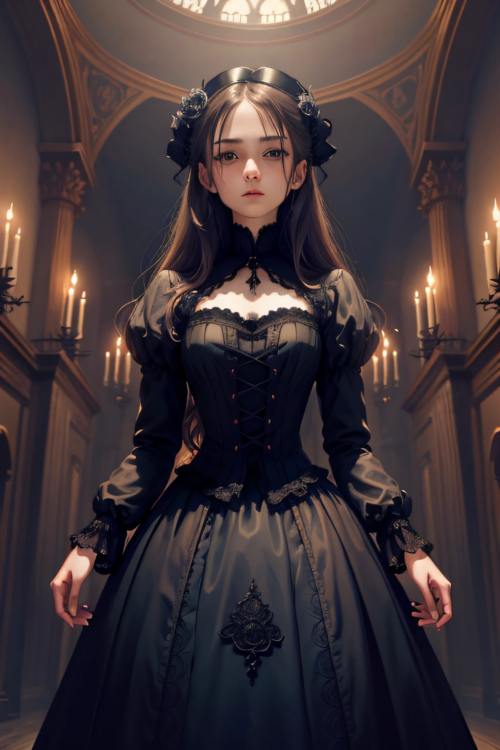 Official Art, Unity 8k wallpaper, super detailed, beautiful, beautiful, masterpiece, best quality, darkness, atmosphere, mystery, romanticism, creepy, literature, art, fashion, victorian, decoration, intricacies, ironwork, lace, contemplation, emotional depth, supernatural, full body, 1 girl, solo, neck, bust composition