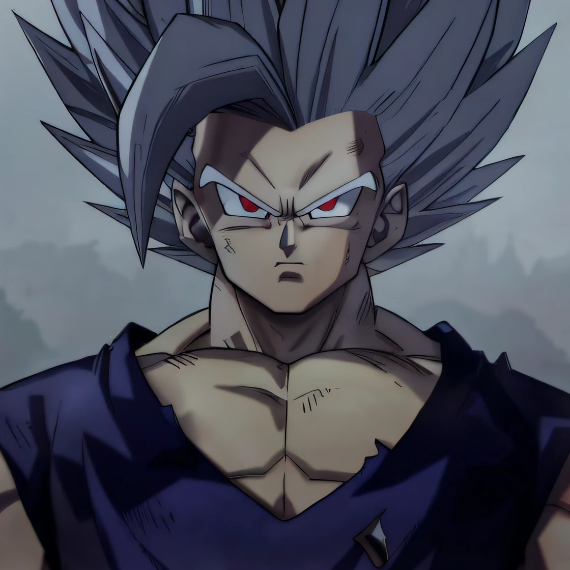 a close up of a person with a very large chest and a very large chest, ultra instinct, wild spiky black saiyan hair, he has dark gray hair, 坏蛋动漫8 K, with vegeta head hair, he's very menacing and evil, vegeta, marvelous expression, character dragonball, Gogeta, super saiyan, human goku