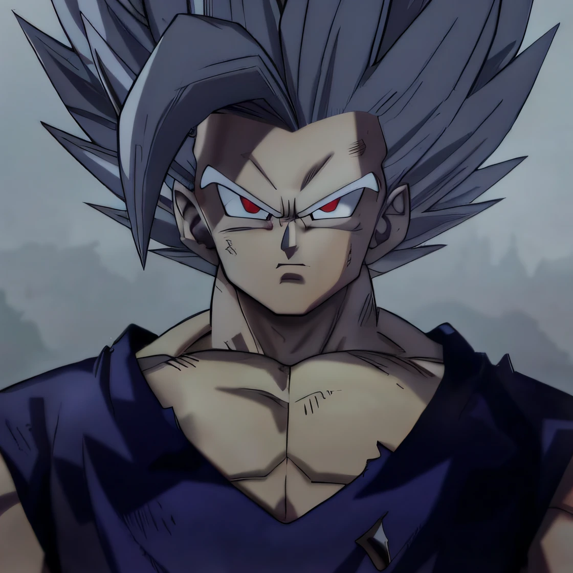 um close up de uma pessoa com um peito muito grande e um peito muito grande, Ultra instinto, Cabelo selvagem Saiyajin preto espetado, ele tem cabelos grisalhos escuros, badass anime 8 k, with vegeta head hair, he's very menacing and evil, Vegeta, marvelous expression, Personagem Dragonball, Gogeta, Super Saiyajin, Goku Humano