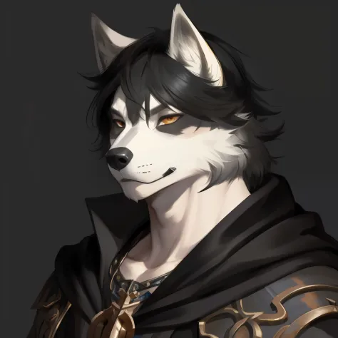 black cloak,Ruan Jia,Pino Daeni,darkgem,dimwitdog,muscular male wolf anthro, (detailed face), (detailed fluffy fur)