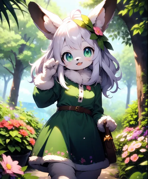 furry girl,rabbit ears,green dress,in forest, sea of flowers, cowboy shot,smile, hair ornament, looking at viewer, one hand up, ...