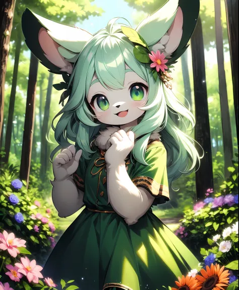 furry girl,rabbit ears,green dress,in forest, sea of flowers, cowboy shot,smile, hair ornament, looking at viewer, one hand up, ...