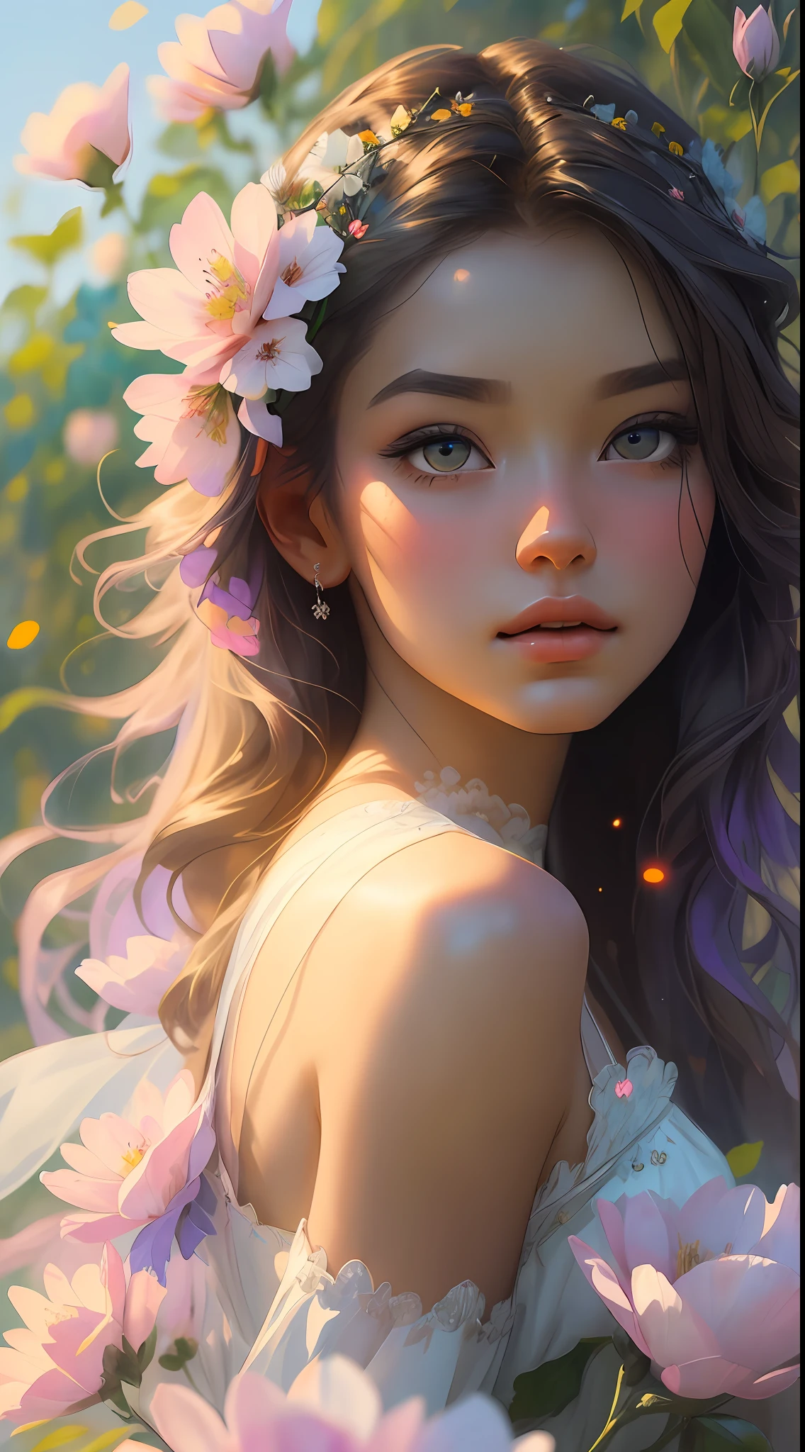 This artwork is dreamy and ethereal, with colors drawing inspiration from gentle watercolors, primarily pink. Generate a delicate and demure flower maiden with soft, realistic hair dancing in the breeze. Her sweet, realistic face is extremely detailed and has puffy, big lips and stunning, highly realistic eyes. Her eyes are important and should be realistic, highly detailed, and beautiful. The flower maiden is wearing delicate and elegant fabric of silk and satin. She is surrounded by beautiful flowers of varying sizes and colors and flower petals dancing in the wind around her. The background is detailed, wild, and unruly, with wildflowers and wind and pollen creating a dynamic and compelling image. She wears an ornately flowered headdress that enhances her soft beauty. Include a soft watercolor sky. Include fantasy details, enhanced details, iridescence, colorful glittering wind, and pollen. Pay special attention to her face and make sure it is beautifully and realistically detailed. The image should be dreamy and ethereal.8k, intricate, elegant, highly detailed, majestic, digital photography, art by artgerm and ruan jia and greg rutkowski, (masterpiece, finely detailed beautiful eyes: 1.2), hdr, realistic skin texture, ((fantasy00d:1)), rays of light, ornate flowers, dew drops, sunlight, hazy rays of sun