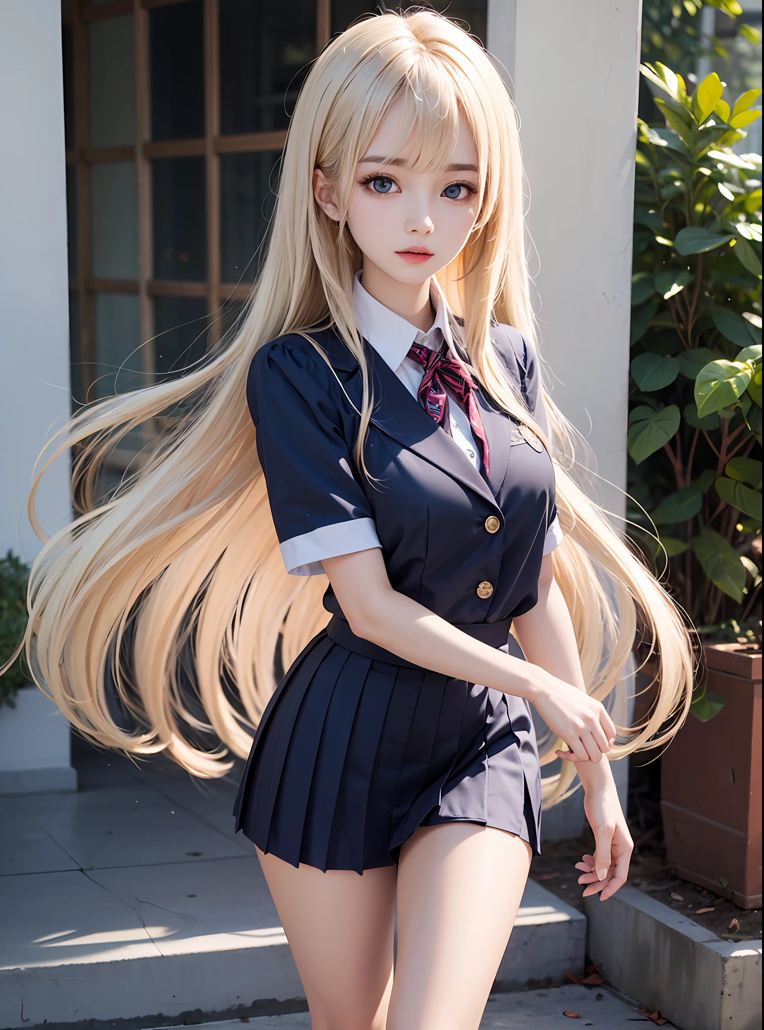 plein air、Swaying bangs、Very beautiful 16 year old cute girl、a hiny white young beautiful skin、Sexy and very beautiful good looks、Very cute face with ultimate beauty、Super long platinum blonde hair、Smooth long straight hair、Big blue eyes with radiant transparency、eye line、School Uniforms