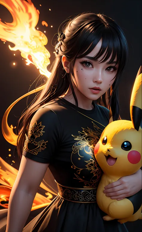 pikachu, hyperdetailed eyes, tee-shirt design, line art, black background, ultra detailed artistic, detailed gorgeous face, natu...