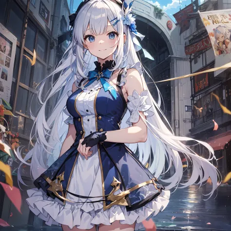 (of the highest quality、8K、masutepiece)) ((( Blue and white atelier sleeveless))) (((White hair )))++　Blue hair ornament　Anime characters with long gray hair and blue eyes、anime visual of a young woman、Today's featured anime stills、white haired god、Officia...