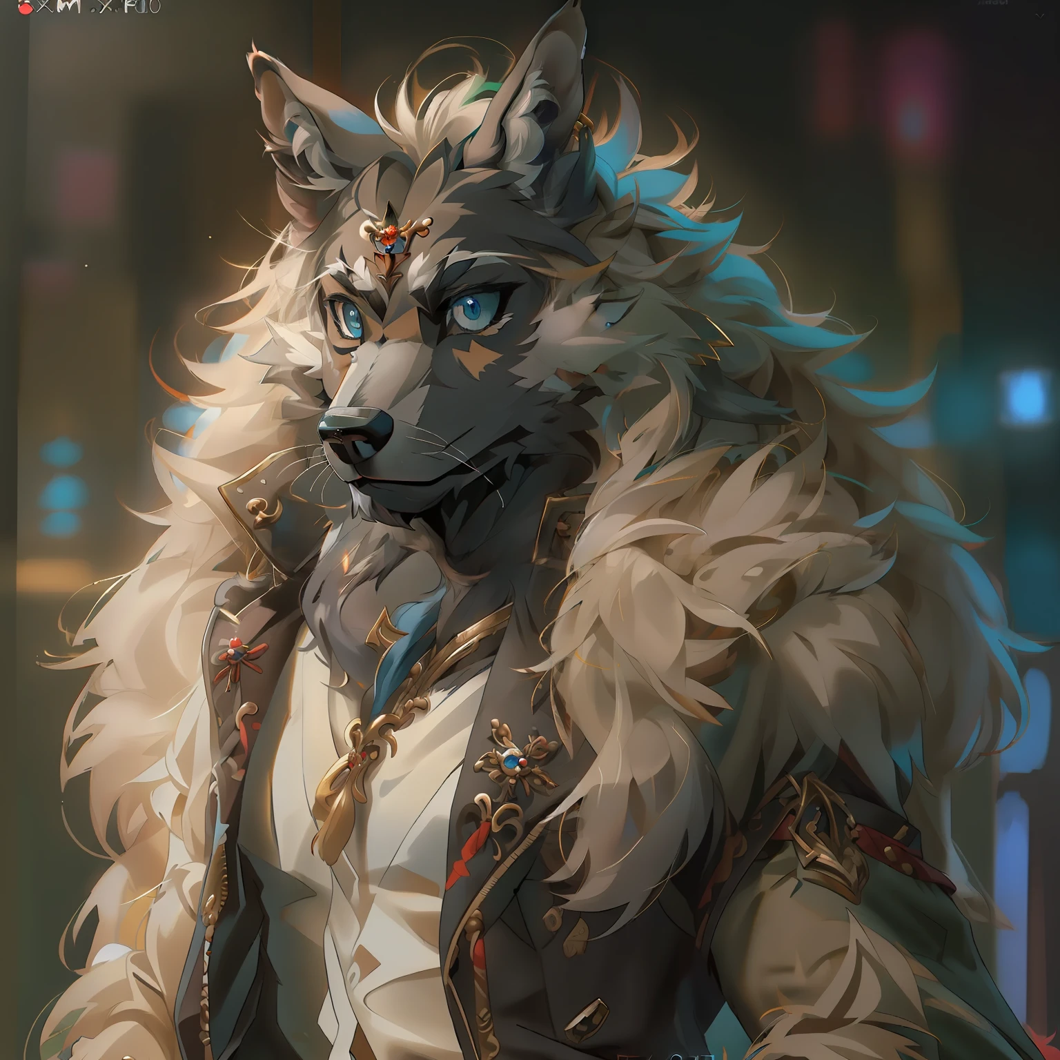 (((8k, RAW photo, Best quality, Masterpiece:1.4))),darkgem，dimwitdog，Muscular male wolf Anthro，（Detail face），（Details fluffy fur），There is a painting，A dog in a jacket, hairy chest, thick furry neck and chest fluff, furry character portrait, Furry character,Furry art!!!, furry mawshot art, hairy bodies, generic furry style, detailed full body，full body detailed，highly detailed whole body，blue colored eyes，whole body picture，full body shooting hyper detail，furry character，hairy bodies，Furry Fur!!!, Hairy head，Golden pupils，Dog boy， tmasterpiece，best qualityer， hairy pubic， male people， solo， trouser，Detailed fur，fluffly，coda，shaggy male, malefocus, (Full Body Furry, Fluffy tail）hairy chest