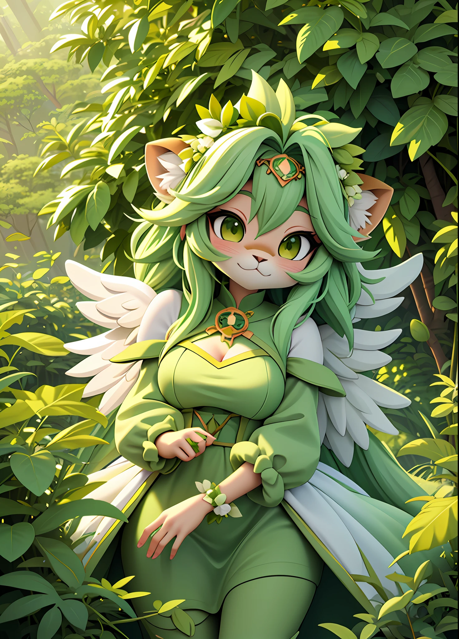 Lioness anthropomorphic, kawaii style, fluffy grass-green fur, green nature angel wings, dressed in spring splendor white and green dress, Lioness of God, Angel of nature elements, Masterpiece, Best Quality