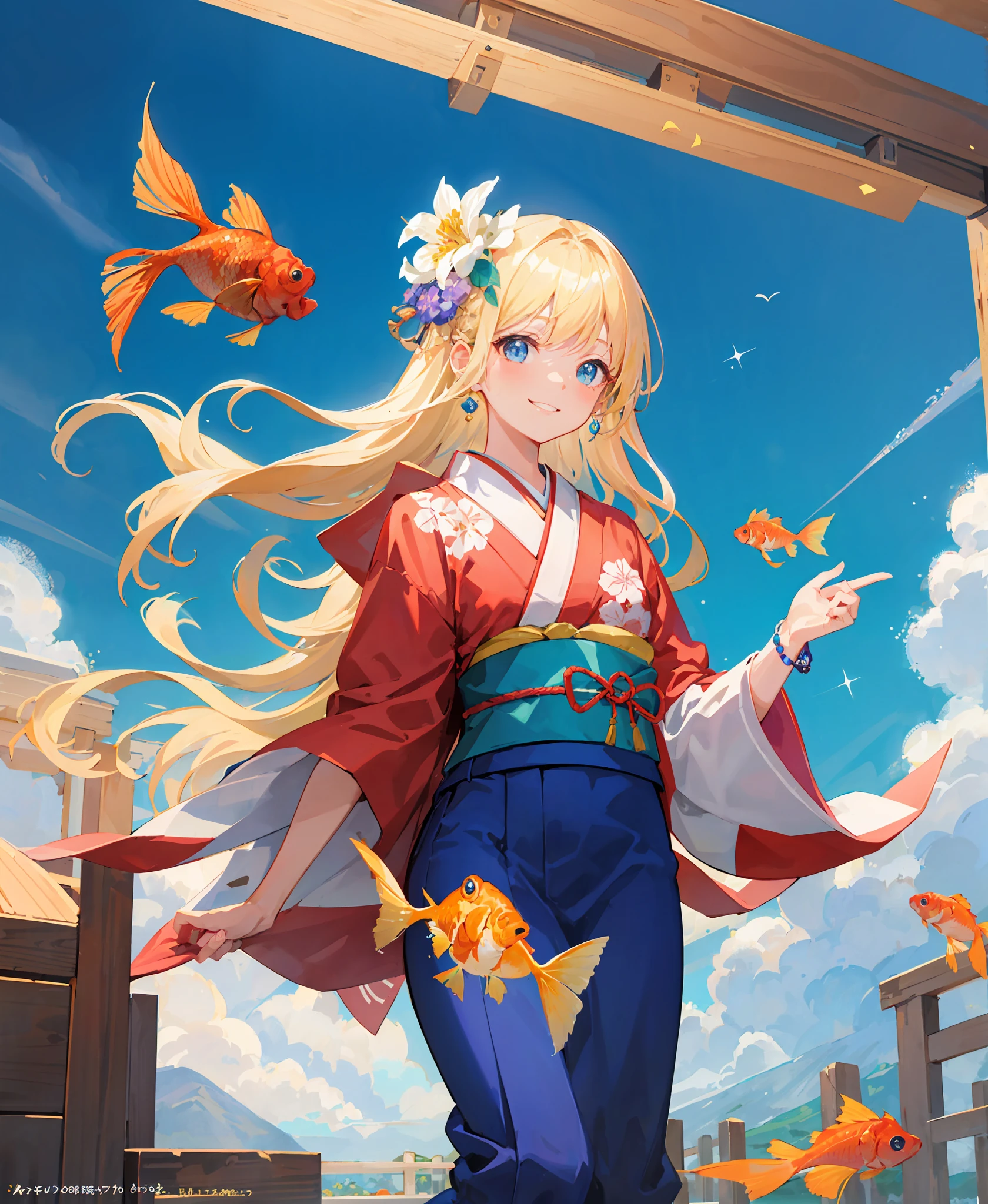 masterpiece, best quality, extremely detailed, illustrations, anime style. A girl about 10 years old, long blonde hair, seven-colored eyes, white skin, wearing a kimono, in a traditional Japanese holiday, surrounded by iridescent goldfish. Blue sky, blooming flowers, happy smiles, sparkling jewelry, beautiful scenery