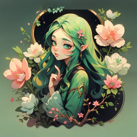 adesivo,1girl, fundo simples, retrato, girl with long hair, beautiful flower girl, flower aesthetic, beautiful girl, very beautiful fantasy art, beautiful and elegant female fairy, beautiful detailed fantasy, green and pink color palate, green color-theme