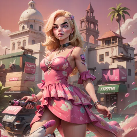 Margot Robbie as Barbie in the Fortnite Game Aesthetics, verstindo um vestido rosa com renda, sapatos de salto alto, segurando u...