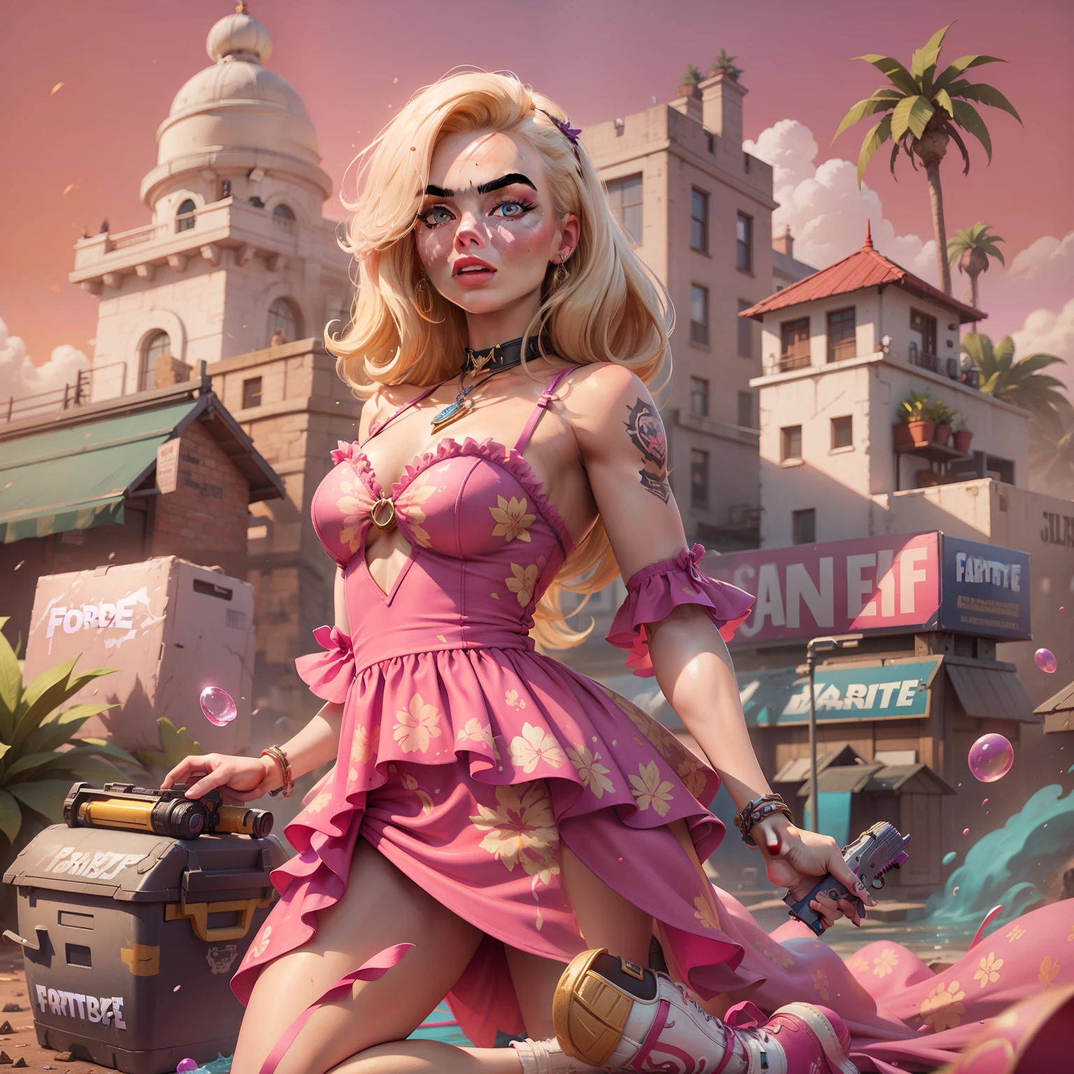 Margot Robbie como Barbie en la estética del juego Fortnite., Llevar un vestido rosa con encaje, tacones altos, sosteniendo un pico rosa y una pistola amarilla, , No hypersexualization, El splash art oficial de Barbie en Fortnite, Mapa del juego Fortnite como fondo.