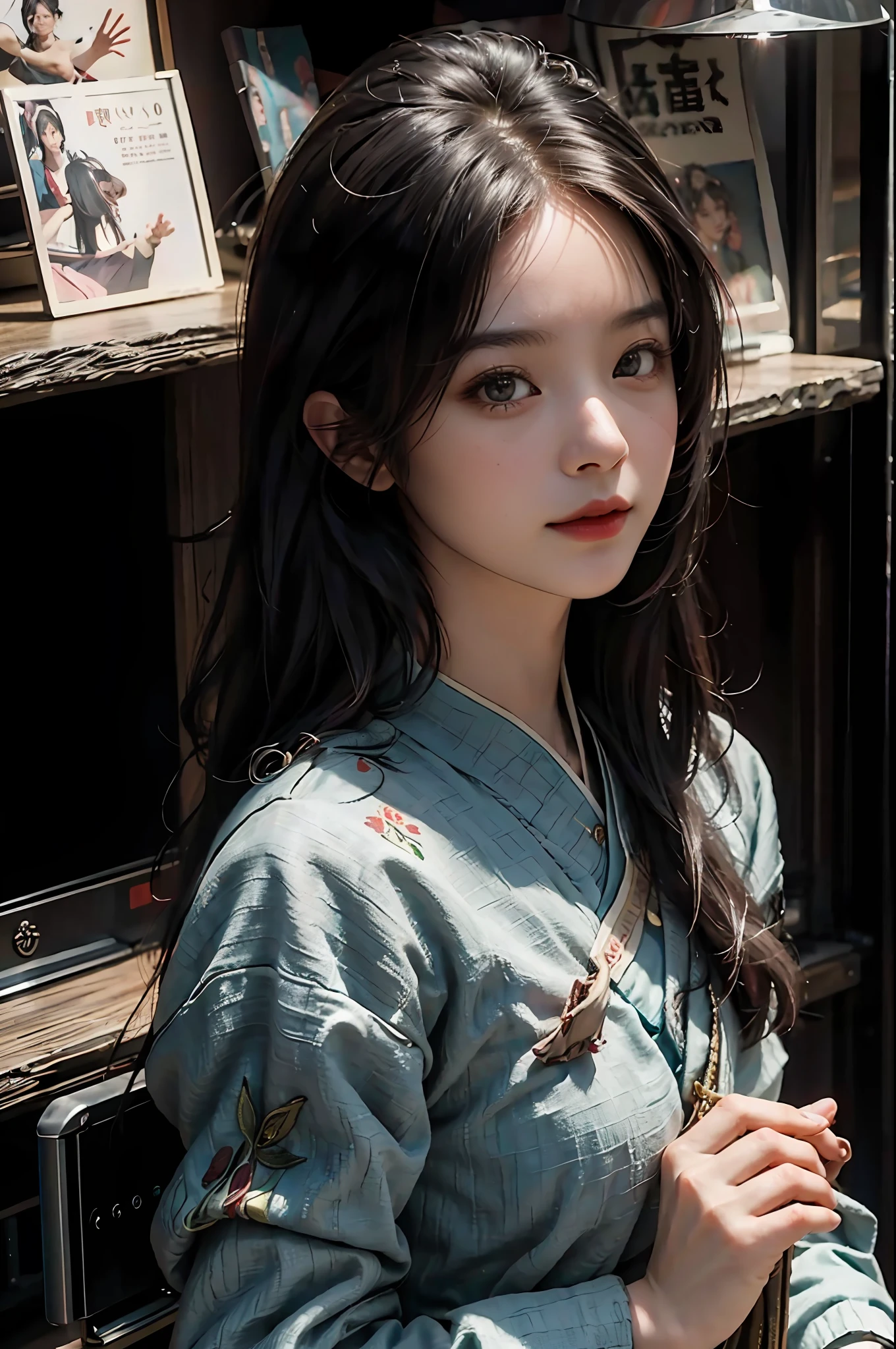 (RAW photo, best quality), (realistic, photo-realistic:1.3), best quality, highly detailed, masterpiece, ultra-detailed, illustration, 1girl, upper_body, dynamic angle, world mastery theater, messy_long_hair,best quality, extremely detailed CG unity 8k壁纸，，惊人，电影灯光，lens_flare，dunhuang_style