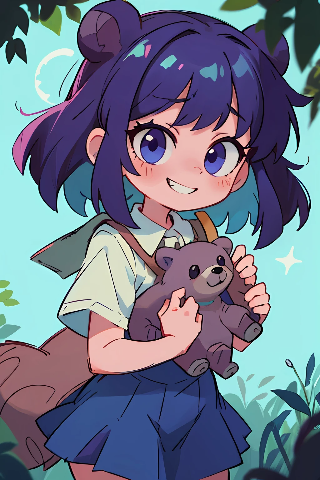 masterpiece, 4k, detailed, extreme detailed, hd, cowboy shot, shirt blue hair, thick bangs, wild bangs, beautiful eyes, detailed eyes, beautiful detailed purple eyes,  outfit, school girl, holding bear, holding bear over face and chest, holding stuffed bear, holding stuffed animal, bright cyan hair,, blue underglow on hair, toothy grin, sad bucktooth grin