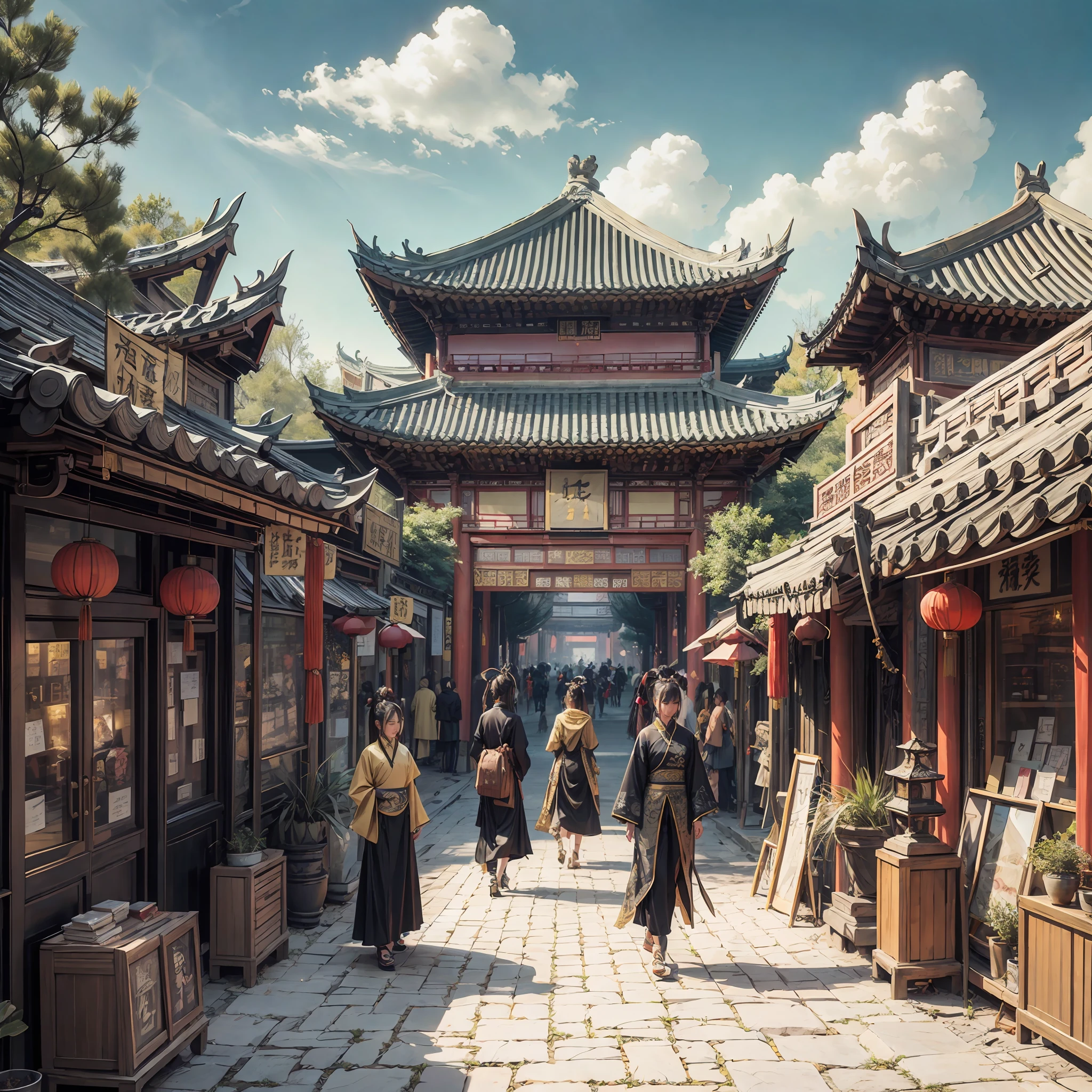 場面非常盛大，驚人的細節，中國古代，長安，唐朝，視野開闊，一排排中國古建築，兩邊都是寬闊的街道。艺术站的时尚潮流，現實與幻想的藝術風格，豐富細緻的風俗畫，深金色和黑色，中國龐克，平面設計