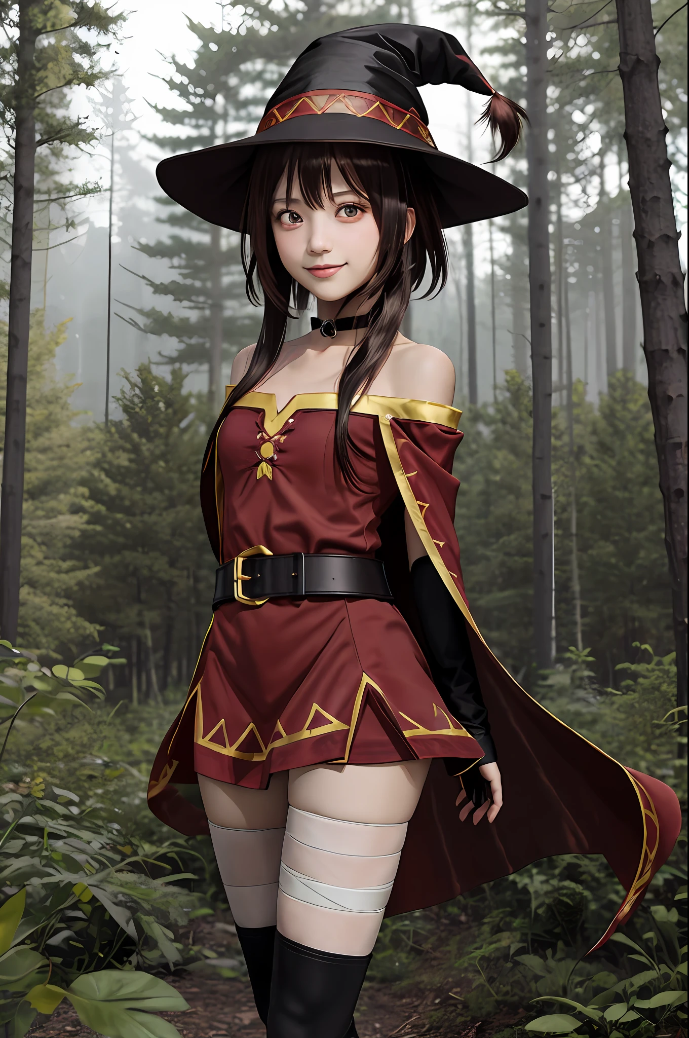 megumin, kono subarashii sekai ni shukufuku wo!, 1girl, solo, standing, looking at viewer, hat, witch hat, brown hair, short hair with long locks, red eyes, blush, evil grin, black choker, collarbone, flat chest, off-shoulder dress, dress, red dress, brown cape, long sleeves, black gloves, fingerless gloves, belt, brown belt, gold trim, zettai ryouiki, skindentation, (asymmetrical legwear:1.4), mismatched legwear, (bandaged leg:1.3), black thighhighs, (arms behind back:1.3), 

(forest:1.4)