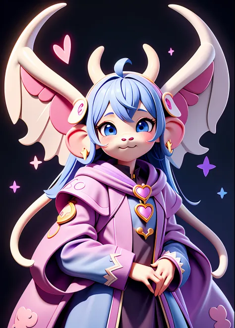 Elephant anthropomorphic, kawaii style, angel wings, dressed in magic purple fantasy outfit, Removes human grief, sadness and an...