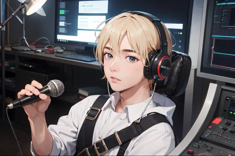 In the studio，handsome，Artistic boys，Remove the headphones worn on your head，Record microphone，