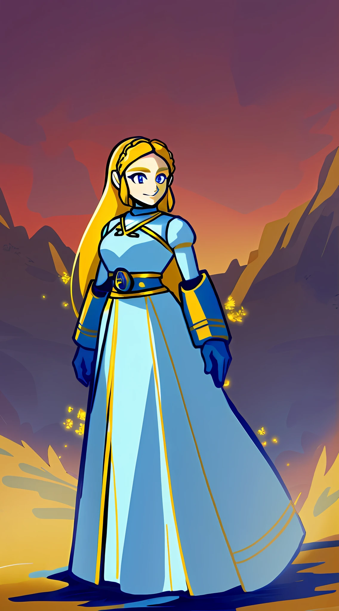 1 Mädchen, Prinzessin Zelda trägt eine schwere blau-weiß-goldene Ritterrüstung, schwere Mech-Rüstung, Cyber-Rüstung blau und weiß, gold belt, schweres blau-weißes Kleid, lange Haare, langes, schmal zulaufendes blaues Kleid mit goldenen und weißen Highlights, Prinzessinnen-Rüstung, langes, fließendes weißes Kleid mit blauen Highlights und goldenem Taillengürtel, blue mechsuit, Blick auf den Betrachter auf Augenhöhe, Ganzkörper, Wald-Hintergrund, Wald-Hintergrund with large mountains, schweres gepanzertes weißgoldenes und blaues Kleid, den Betrachter mit geschlossenem Grinsen anschauen