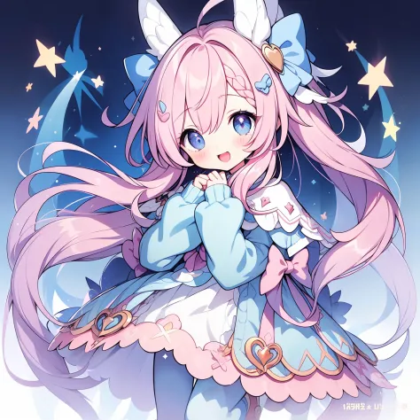 1girll, Animal ears, Pink hair, Long hair, Rabbit, Open mouth, Smile, Rabbit ears, bow, Solo, White background, dress, Pantyhose...