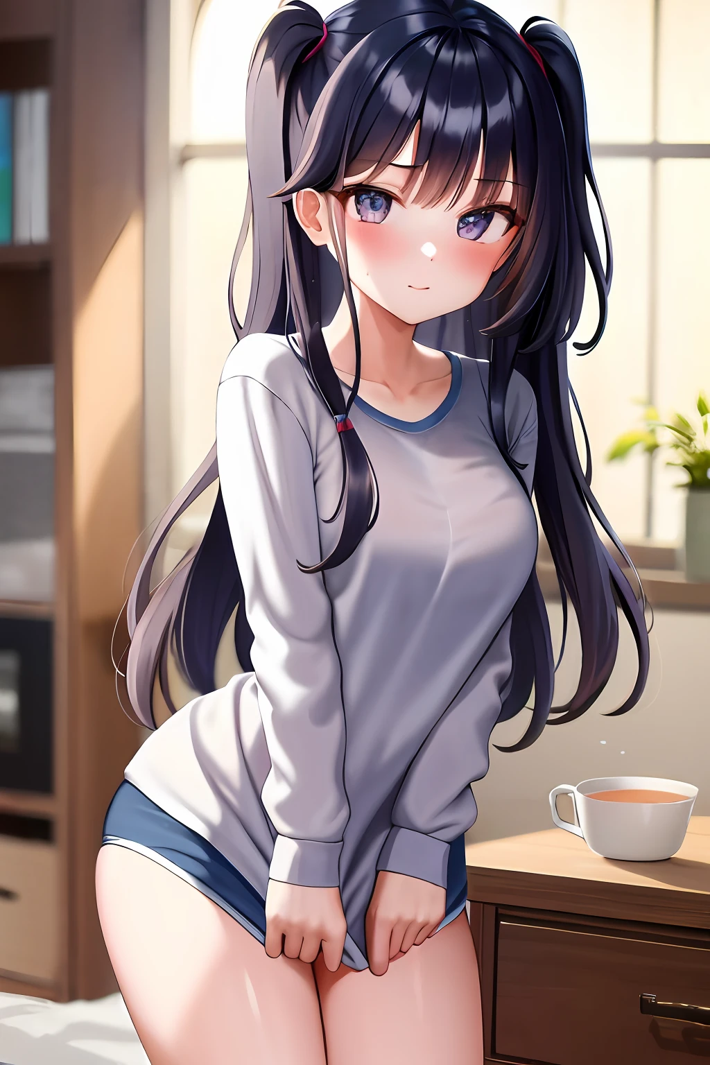 Anime girl with long black hair and blue shorts posing in a kitchen -  SeaArt AI