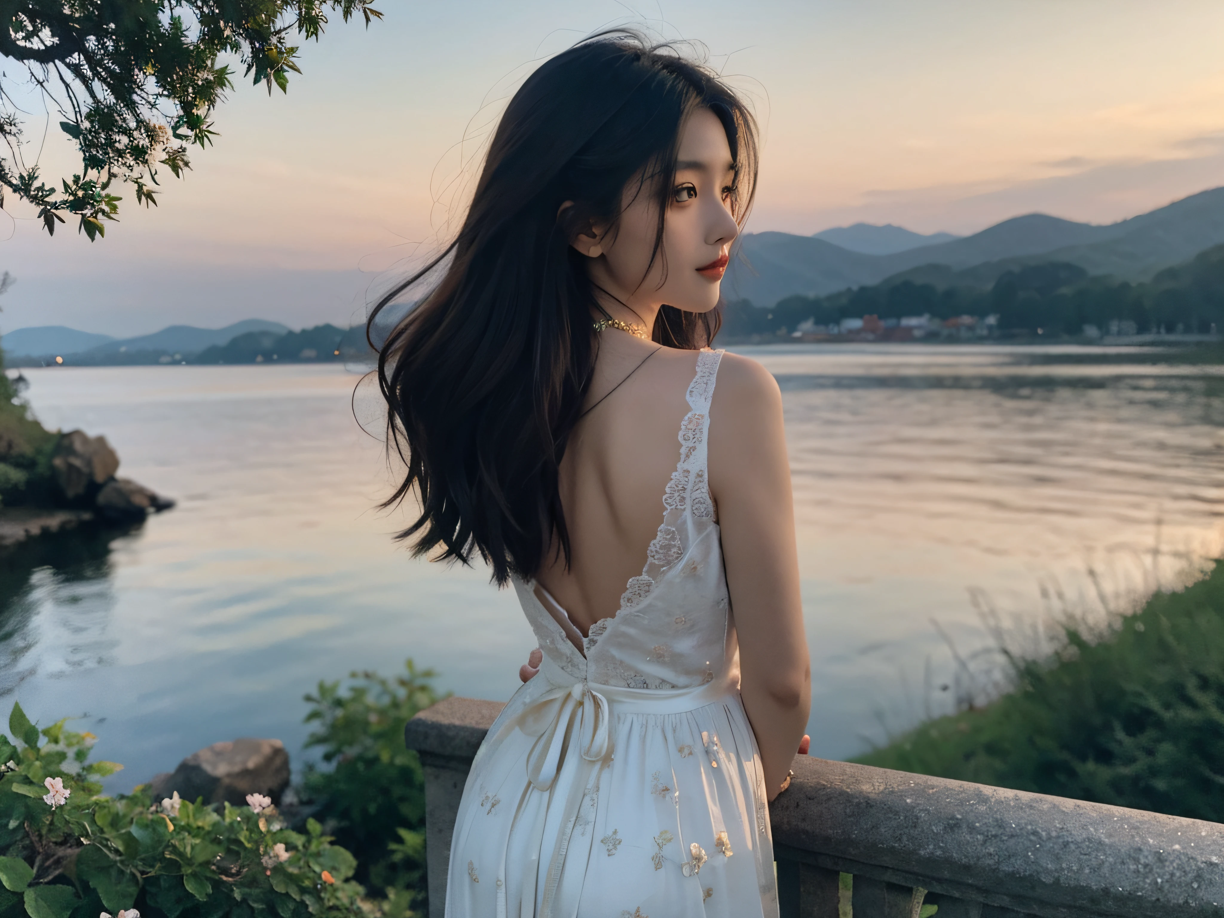 A stunning young woman stands gracefully at the edge of the serene lake, silhouetted against the mesmerizing sunrise. Her flowing, pastel-colored dress mirrors the soft hues of the sky, draping elegantly around her like a gentle breeze. Delicate floral patterns adorn the dress, adding a touch of natural beauty that blends seamlessly with the landscape.

Her hair cascades in loose waves down her back, kissed by the first rays of the morning sun, creating a golden halo around her. A single flower, freshly picked from the nearby meadow, is tucked gently behind her ear, further enhancing her radiant appearance.

Her deep, soulful eyes reflect the hues of the rising sun, carrying a sense of wonder and tranquility. As she gazes out across the calm waters, a gentle smile graces her lips, capturing the essence of the tranquil moment.

A dainty necklace adorned with a small seashell rests gracefully around her neck, a subtle nod to the coastal setting. Her hands lightly clasp a small notebook and a paintbrush, as if inspired by the breathtaking landscape, ready to capture the moment on paper.

Despite the ethereal setting, she exudes a grounded and natural beauty, embodying the serenity of the morning and the harmony of the scene around her.

This captivating young woman becomes a living part of the breathtaking scenery, a true embodiment of the enchanting Day 1 theme of the outdoor adventure.