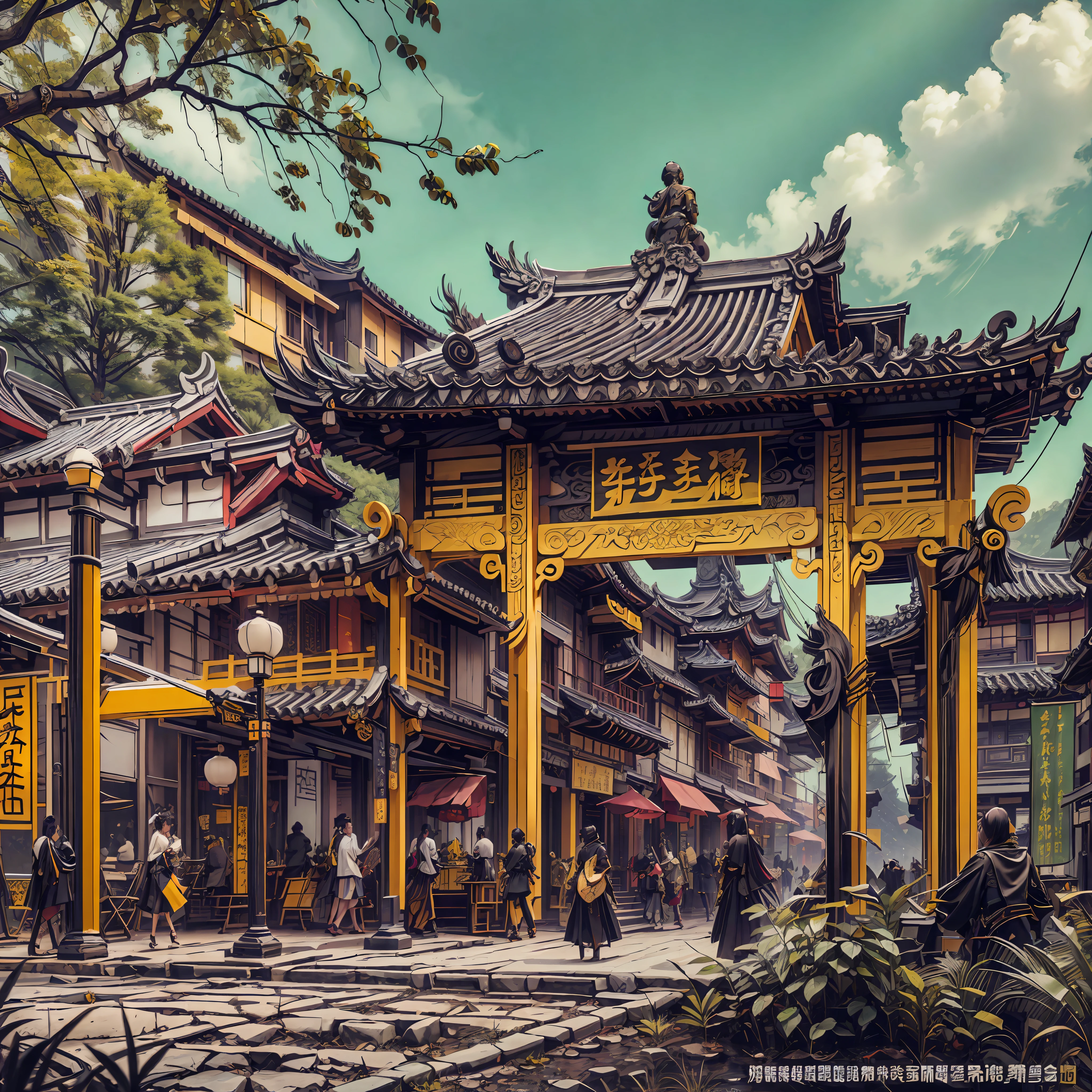 Very grand scene，Amazing detail，Chinese Ancient Times，Chang'an，the Tang Dynasty，expansive view，Rows of ancient Chinese buildings，Wide streets on both sides。Fashion trends at art stations，Art style with reality and fantasy，Rich and detailed genre painting，Dark gold and black，chinapunk，Graphic design