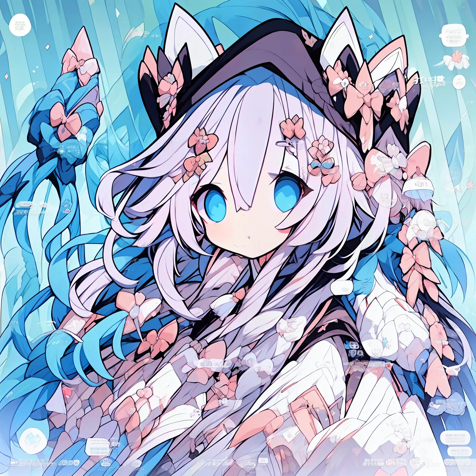 Cute anime girl with long white hair and blue eyes wearing a bow，Anime Catwoman with cat ears and white-haired fox，Beautiful white cat girl and anime cat，Cute anime girl with wolf ears，cute anime catgirl，The holograms of white fur are wolf women，Very beautiful anime cat girl。