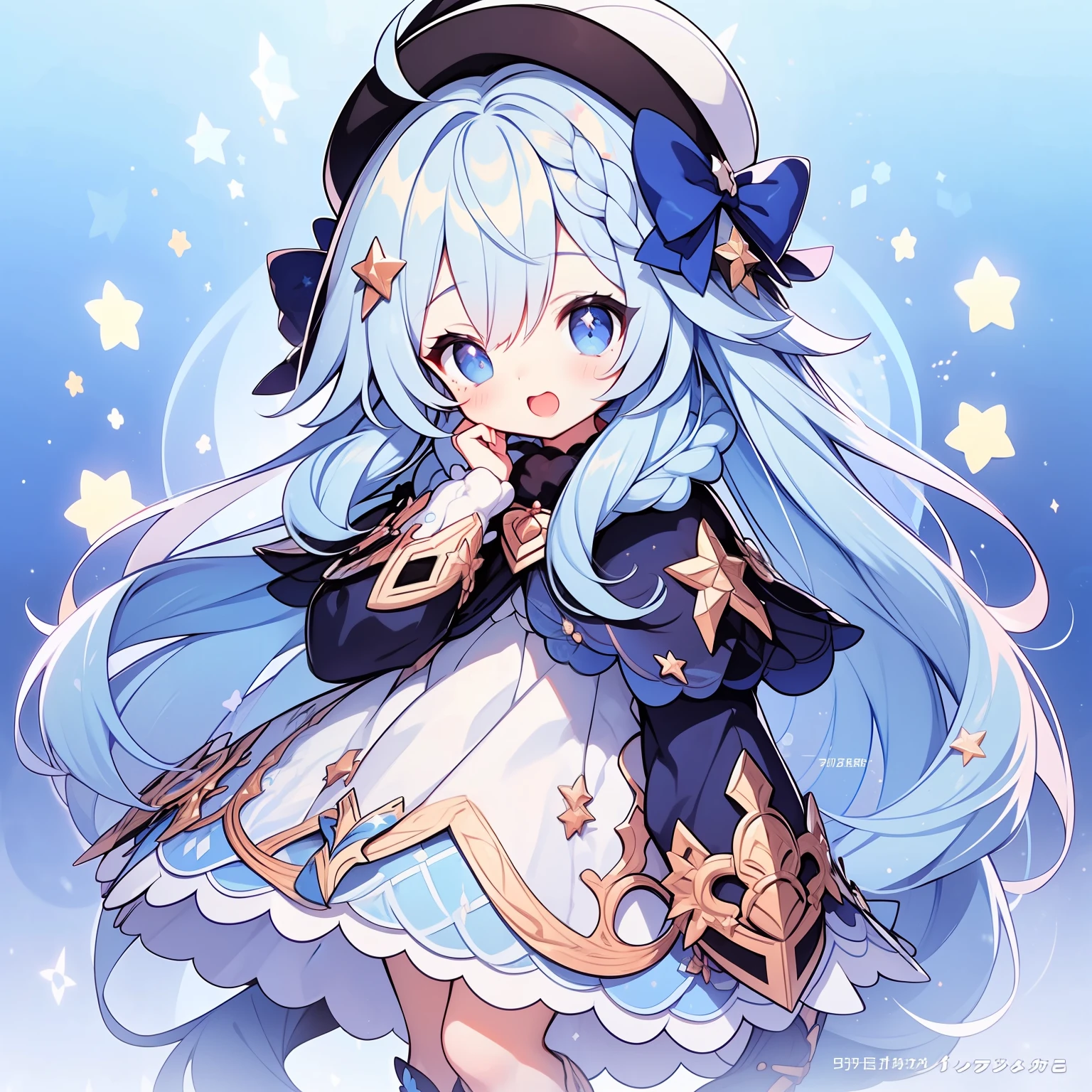 1girll, Solo, One eye closed, ahoge, Braid, Blue eyes, Star (symbol), Blue nails, Boots, full body, bow, Animal ears, jewelry, Long hair, view the viewer, nail polish, Fur trim, Open mouth, multicolored hair, A blue headdress, dress, ;Tai, Puffy sleeves, Cape, Goodbye to hair accessories, hairstyles, Hat, bangs, Long sleeves, Blue bow, hair adornments, Blue hair, Starry sky print, Blue dress, Blonde hair, Blue cape, chain, Very long hair, Skirt, x hair ornamen, Wings, streaked, Blush, Earrings, Blue footwear, Head wings, :Tai, constellation print, puffy long sleeves, Blue skirt, striped bow, Socks, constellation,