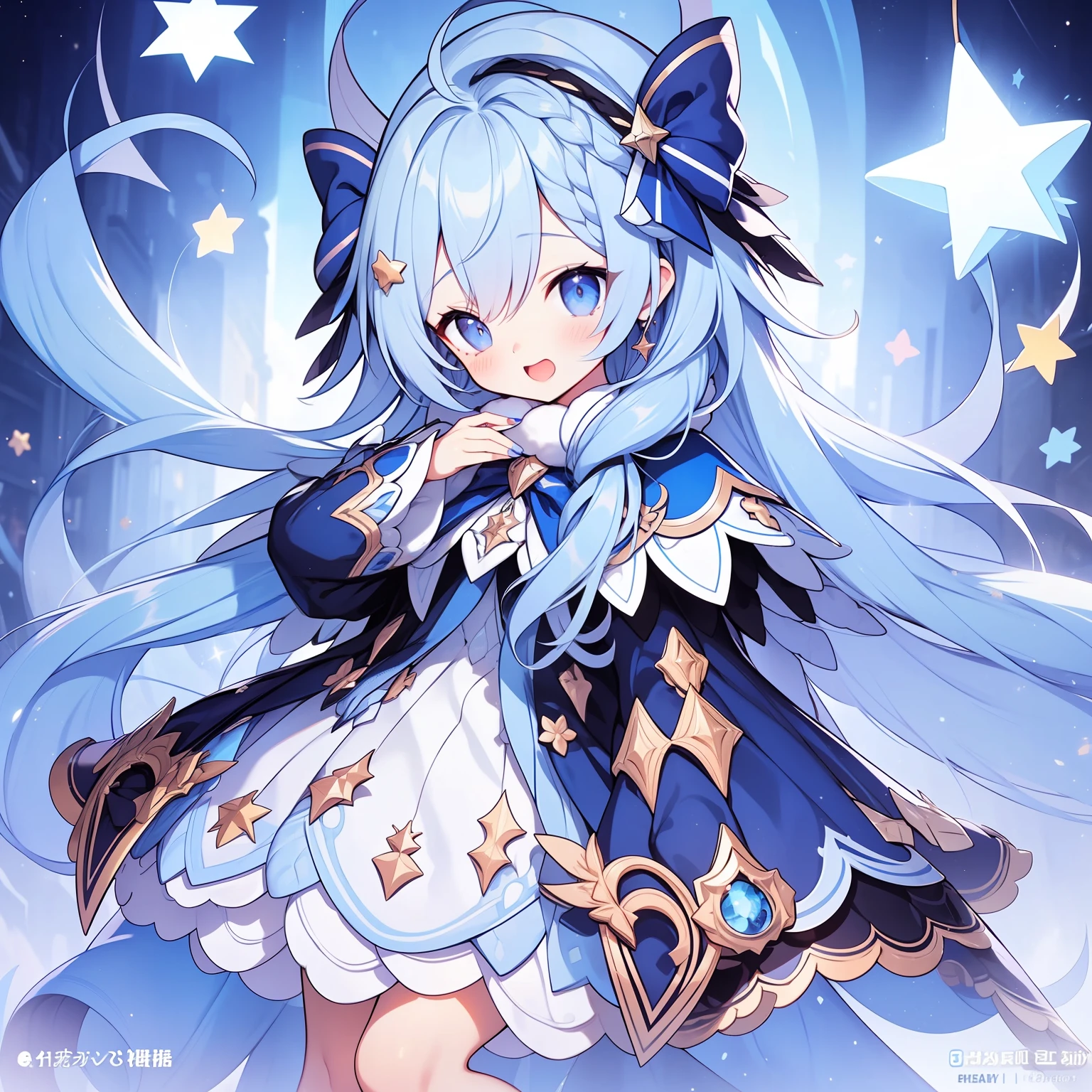 1girll, Solo, One eye closed, ahoge, Braid, Blue eyes, Star (symbol), Blue nails, Boots, full body, bow, Animal ears, jewelry, Long hair, view the viewer, nail polish, Fur trim, Open mouth, multicolored hair, A blue headdress, dress, ;Tai, Puffy sleeves, Cape, Goodbye to hair accessories, hairstyles, Hat, bangs, Long sleeves, Blue bow, hair adornments, Blue hair, Starry sky print, Blue dress, Blonde hair, Blue cape, chain, Very long hair, Skirt, x hair ornamen, Wings, streaked, Blush, Earrings, Blue footwear, Head wings, :Tai, constellation print, puffy long sleeves, Blue skirt, striped bow, Socks, constellation,