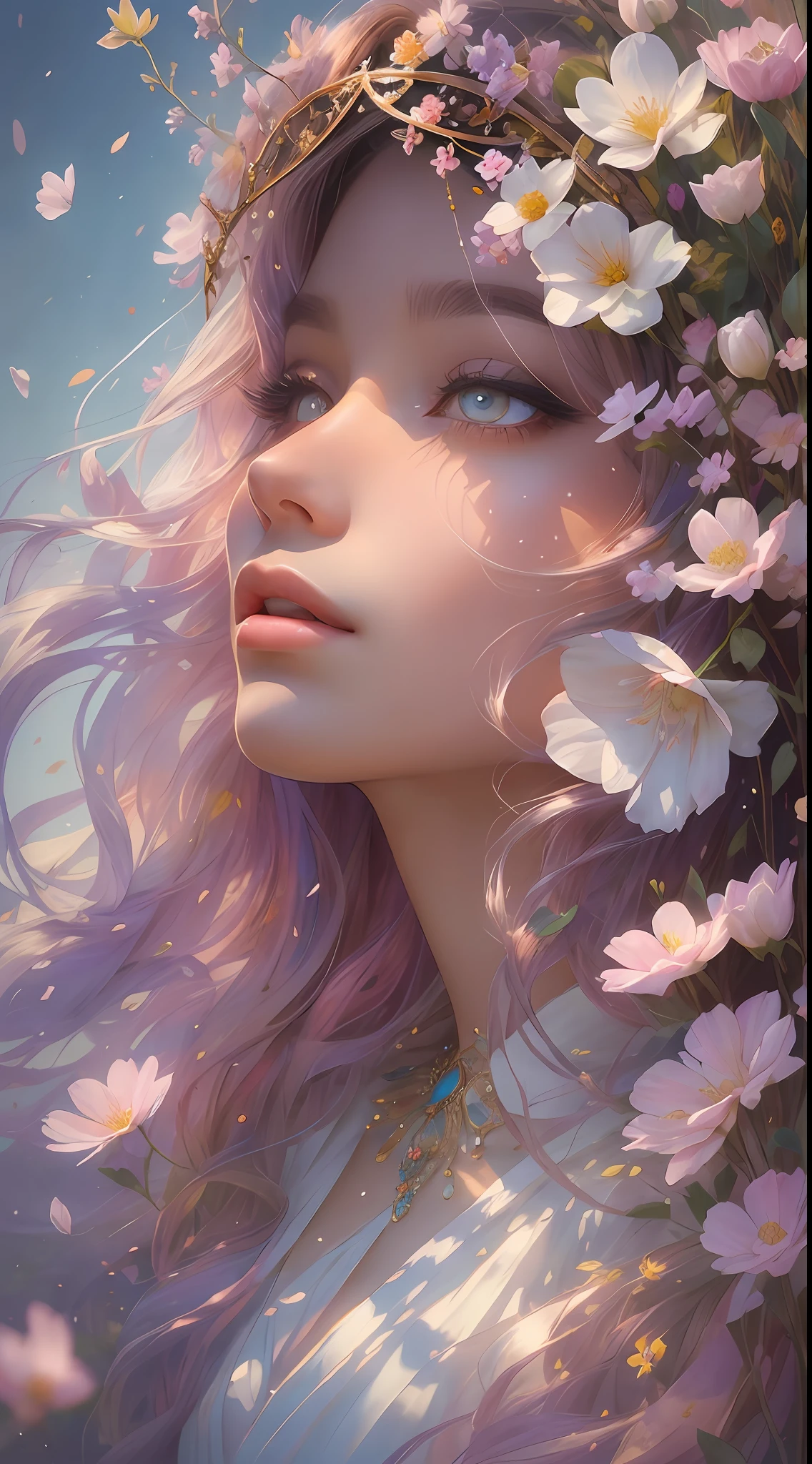 This artwork is dreamy and ethereal, with colors drawing inspiration from gentle watercolors, primarily pink. Generate a delicate and demure flower maiden with soft, realistic hair dancing in the breeze. Her sweet, realistic face is extremely detailed and has puffy, big lips and stunning, highly realistic eyes. Her eyes are important and should be realistic, highly detailed, and beautiful. The flower maiden is wearing delicate and elegant fabric of silk and satin. She is surrounded by beautiful flowers of varying sizes and colors and flower petals dancing in the wind around her. The background is detailed, wild, and unruly, with wildflowers and wind and pollen creating a dynamic and compelling image. She wears an ornately flowered headdress that enhances her soft beauty. Include a soft watercolor sky. Include fantasy details, enhanced details, iridescence, colorful glittering wind, and pollen. Pay special attention to her face and make sure it is beautifully and realistically detailed. The image should be dreamy and ethereal.8k, intricate, elegant, highly detailed, majestic, digital photography, art by artgerm and ruan jia and greg rutkowski, (masterpiece, finely detailed beautiful eyes: 1.2), hdr, realistic skin texture, ((fantasy00d:1)), rays of light, ornate flowers, dew drops, sunlight, hazy rays of sun, flowergateway style, castle, palace, archway, flowers, growing